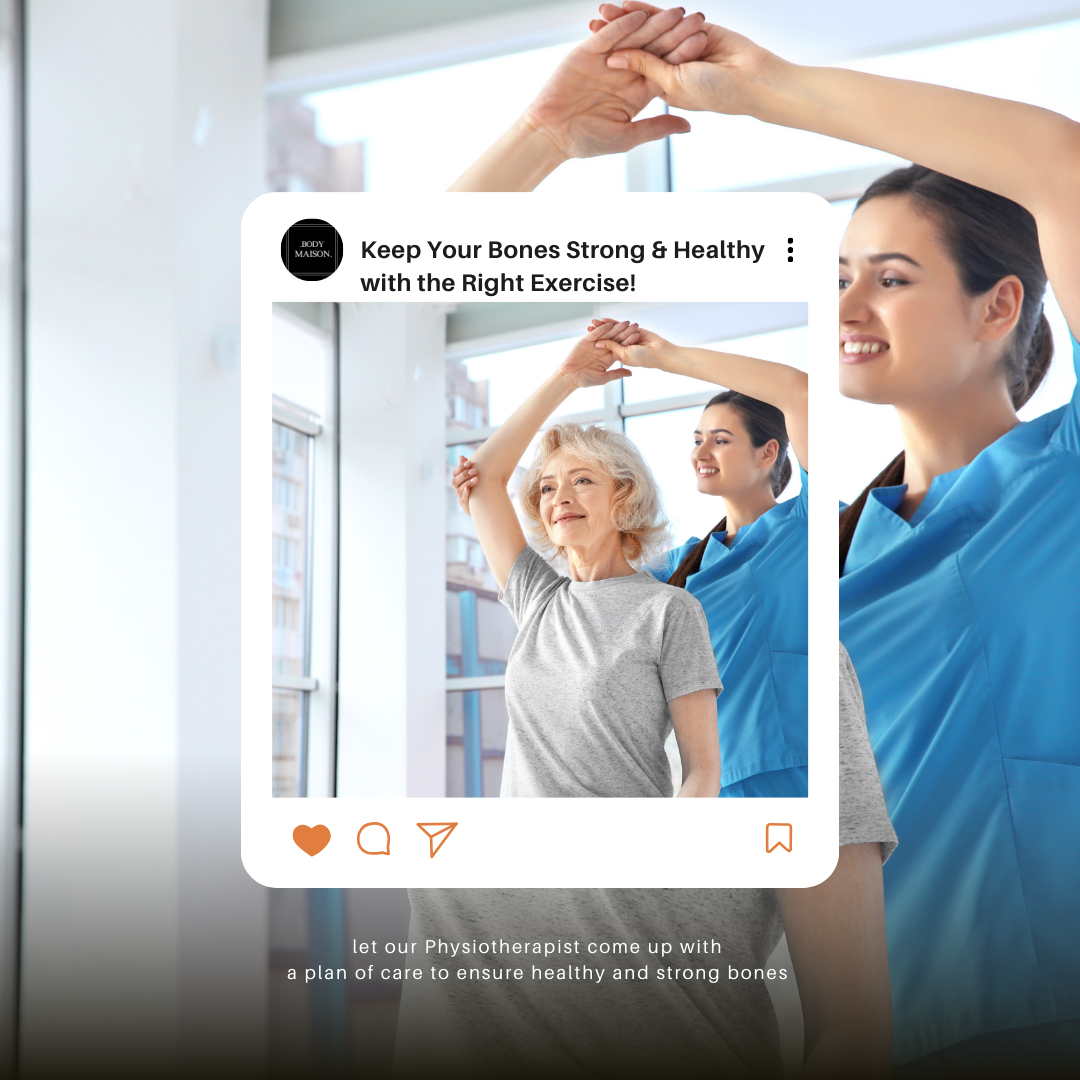 Two women exercising together with a text overlay about bone health and exercise.